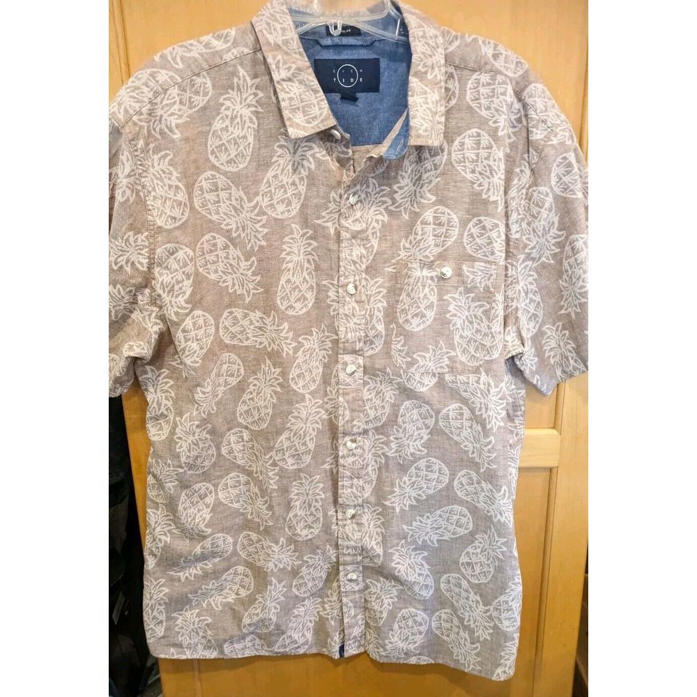Even Tide Cotton Linen SHORT Sleeve Button Down Shirt XL/L pineapples Swingers